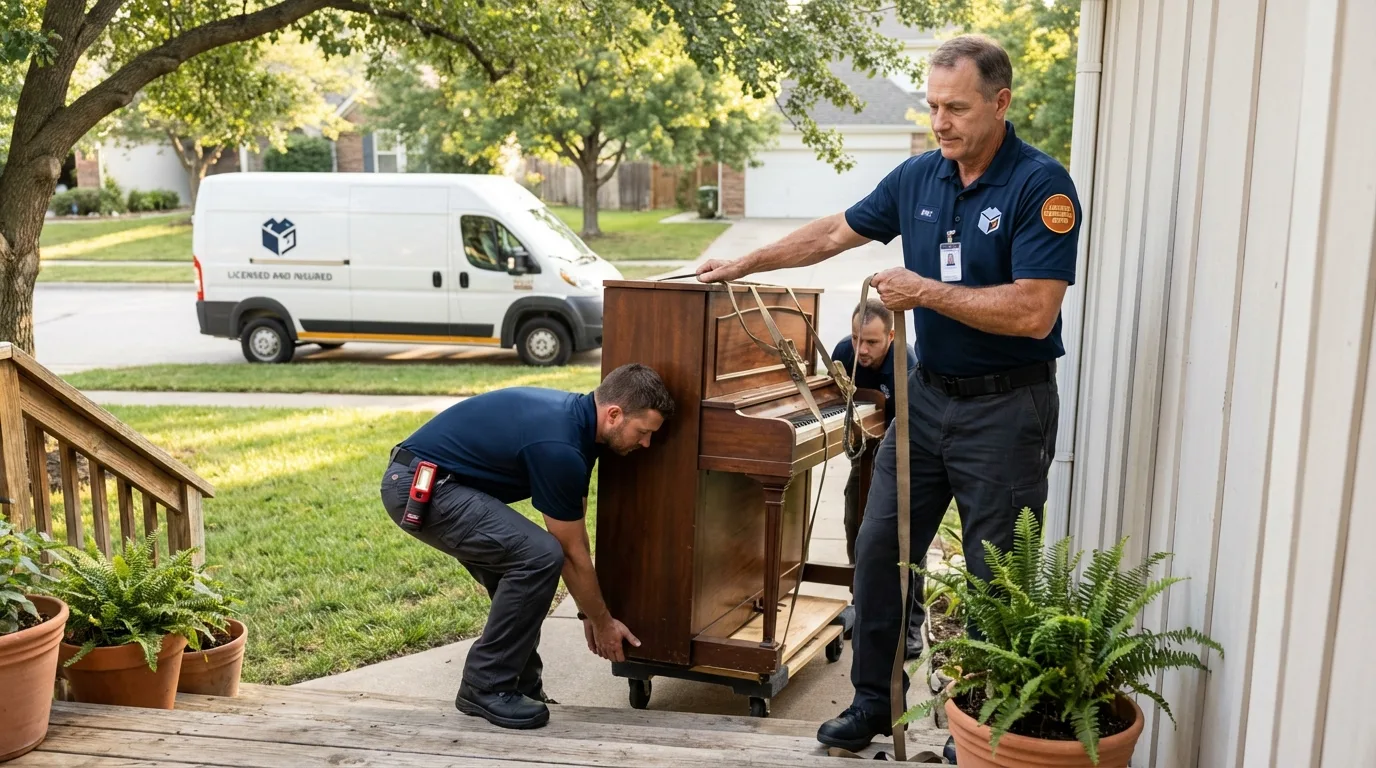 Licensed piano movers securing grand piano in Shrewsbury, MA