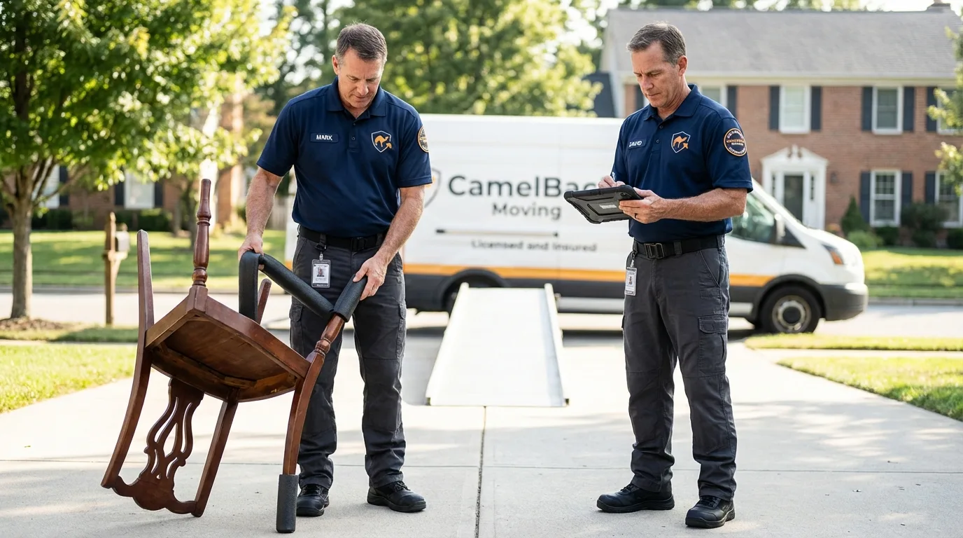 Movers inspecting furniture for damage prevention before loading in Shrewsbury, MA