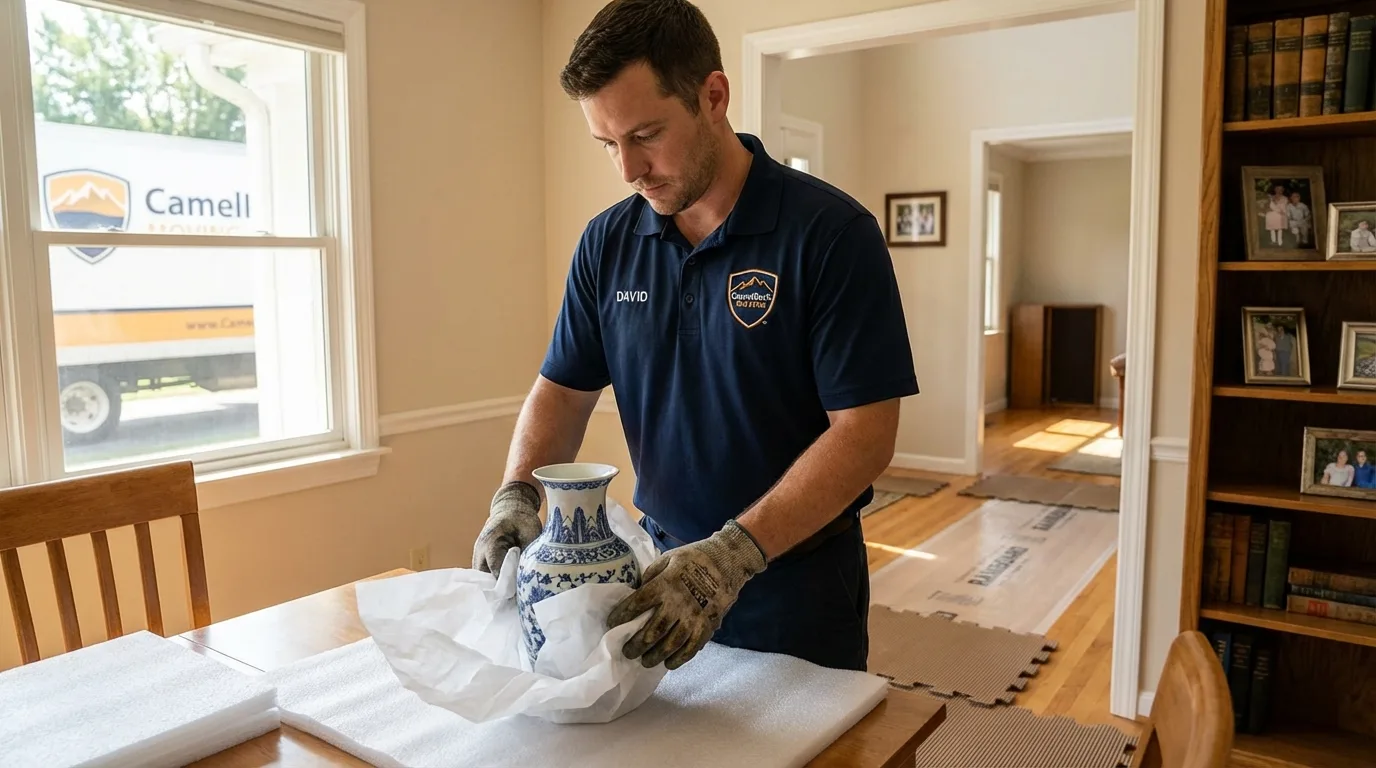 Professional crew carefully wrapping antique vase for senior downsizing move in Shrewsbury, MA