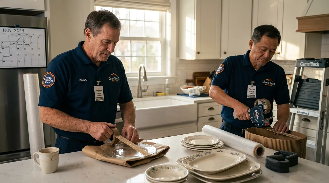 Professional crew packing kitchen dishware in Shrewsbury, MA